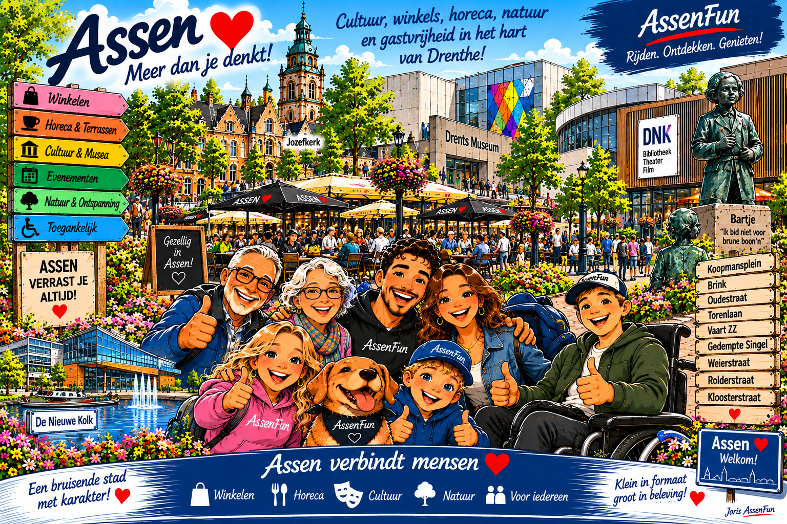 AssenFun cartoon van een diverse groep mensen in het centrum van Assen met natuur, winkels en bezienswaardigheden