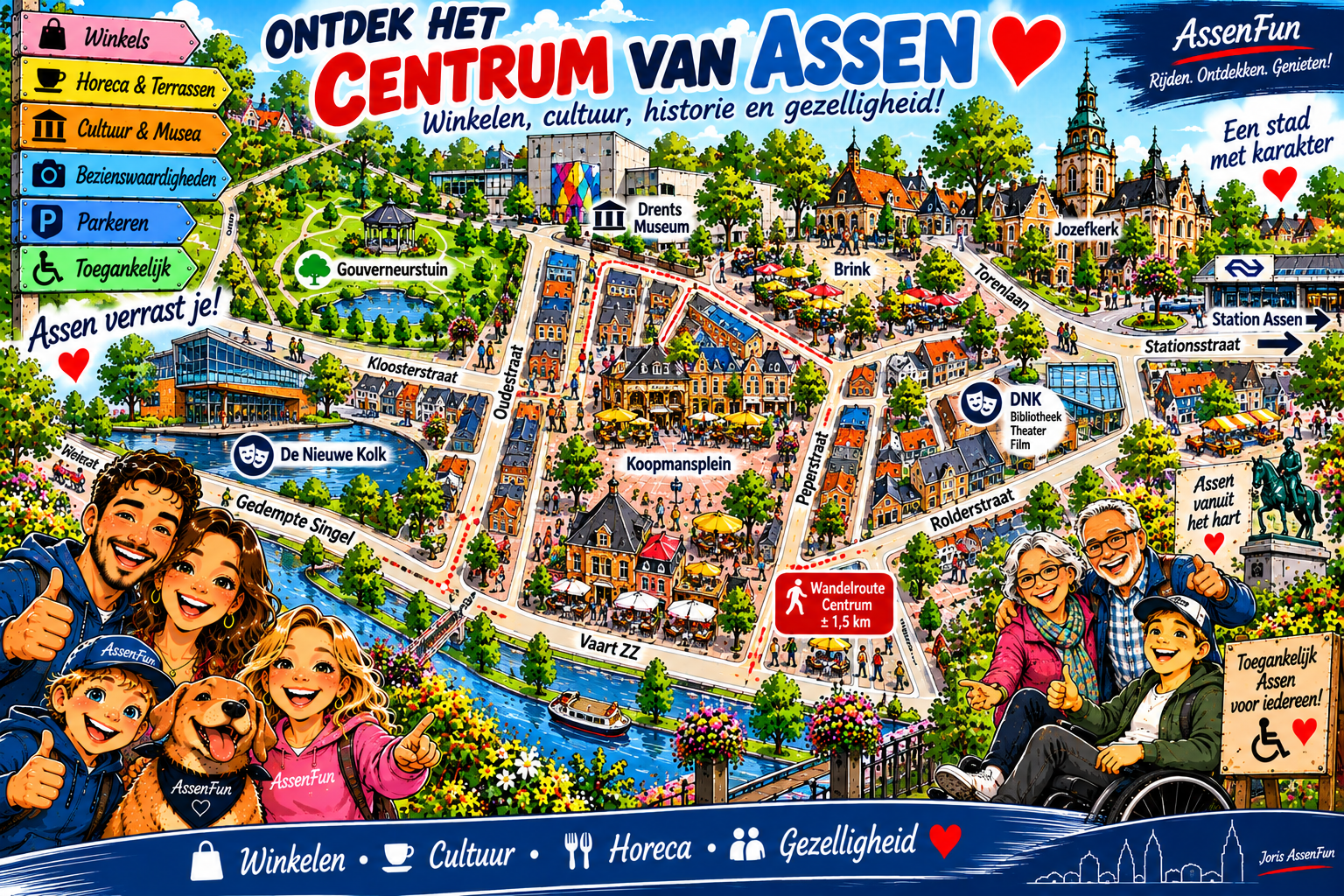 AssenFun cartoonplattegrond van het centrum van Assen met winkels, horeca, cultuur, bezienswaardigheden en wandelroute