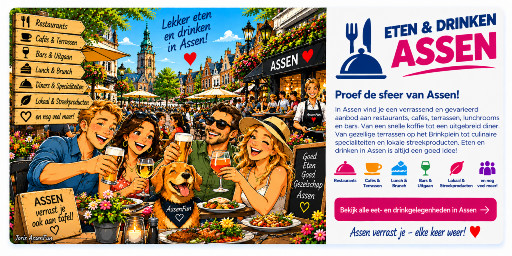 AssenFun cartoon van eten en drinken op een terras in Assen