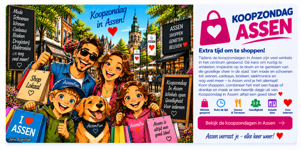 AssenFun cartoon van Koopzondag in Assen