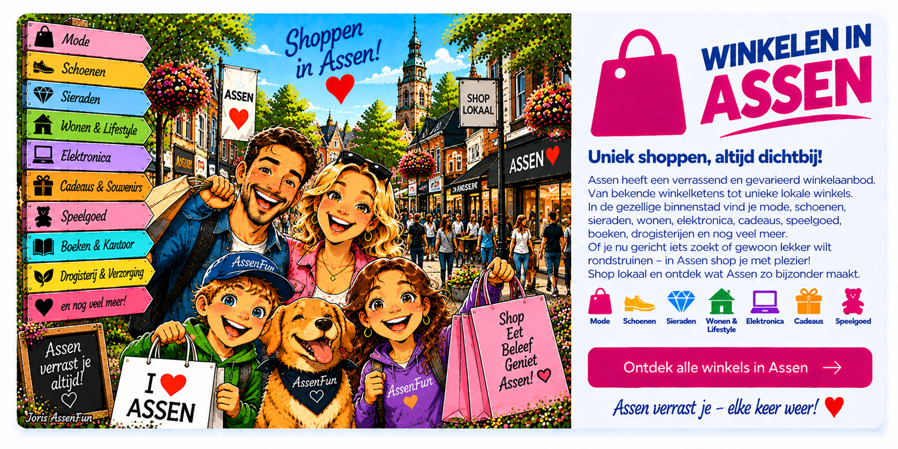 AssenFun cartoon van winkelen in Assen met vrolijke shoppers en winkels