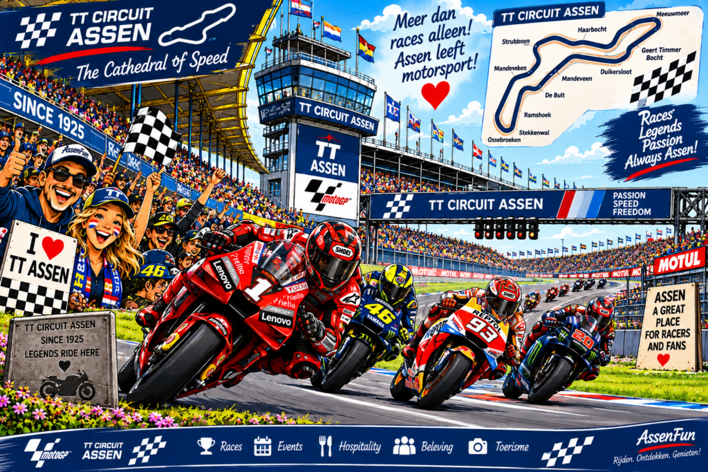 AssenFun cartoon van het TT Circuit Assen met motorraces en fans