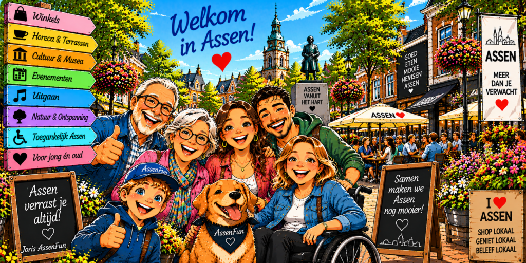 AssenFun cartoon van Assen met verschillende bezoekers in het centrum