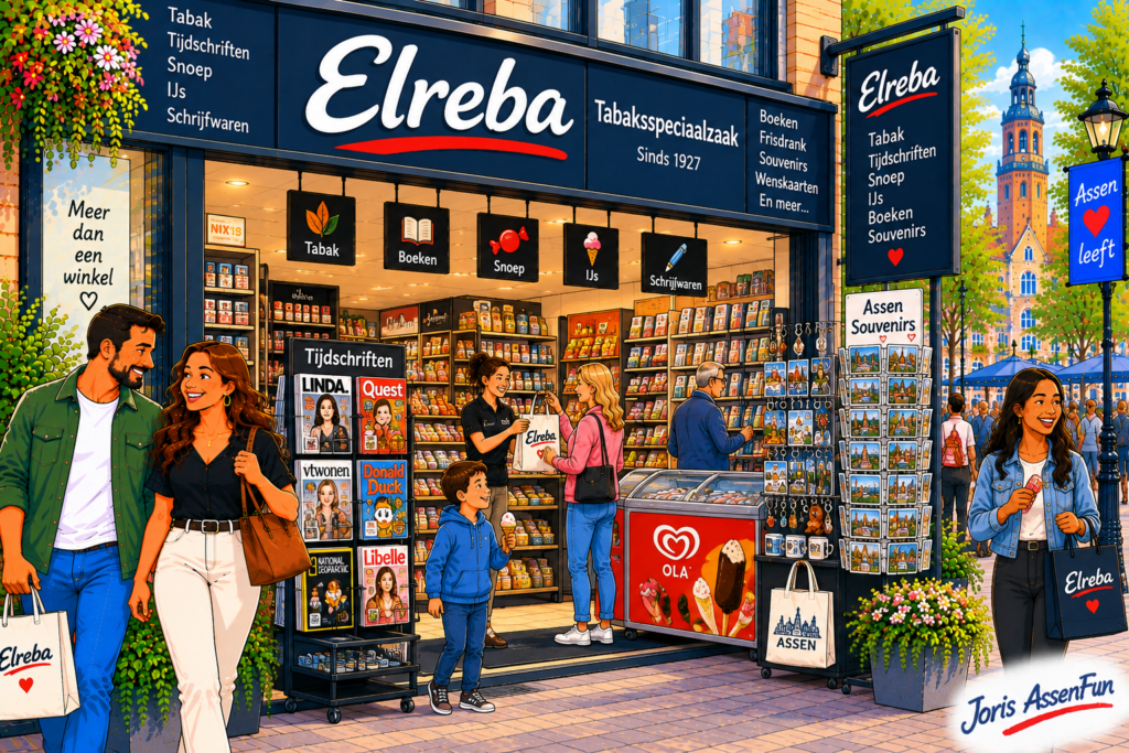 Elreba in Assen – tabaksspeciaalzaak, tijdschriften, snoep, ijs en souvenirs