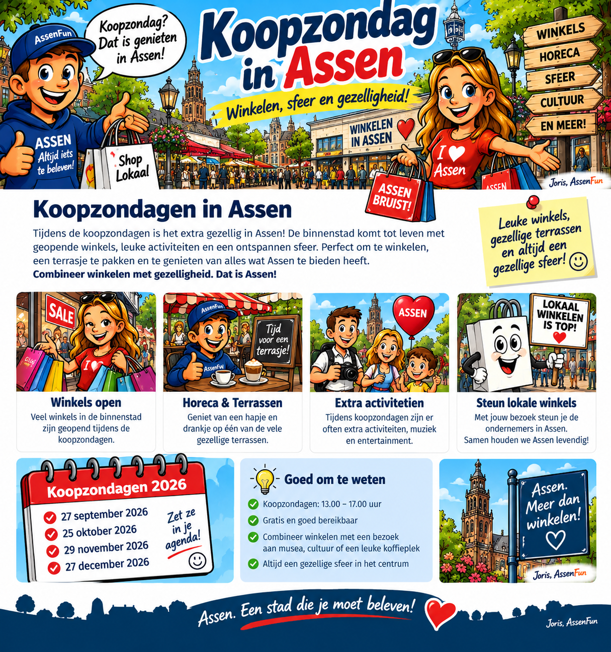 AssenFun cartoon van Koopzondag in Assen met winkelend publiek, winkels, terrassen en vrolijke bezoekers