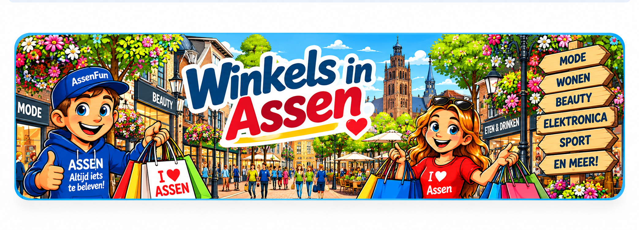 AssenFun cartoon van winkelen in Assen met winkels, shoppers en kleurrijke winkelstraten