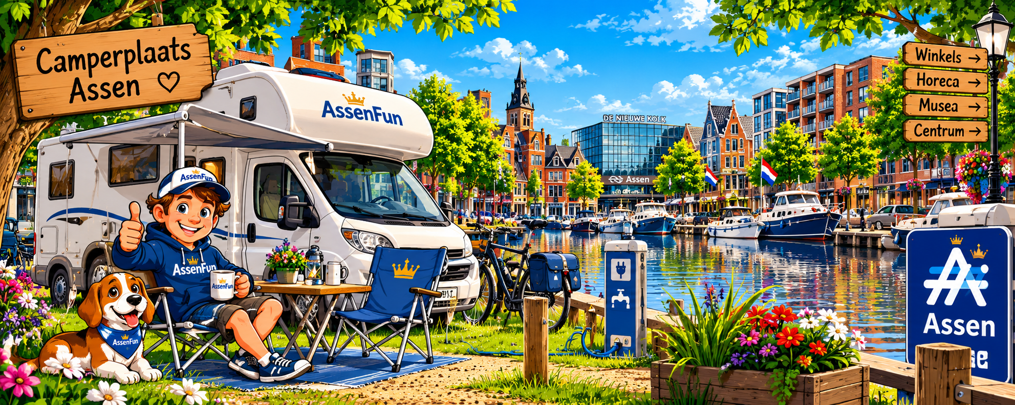 Vrolijke AssenFun-cartoon van een camper aan het water in Assen